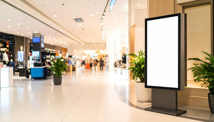 Vertical Indoor Billboard Mockup at Shopping Mall with Blurred Background and Bright White Signage Space
