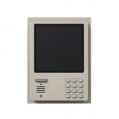 Old intercom system with keypad and blank screen displaying security technology