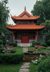 Obraz premium Serene Chinese Pagoda Garden: Tranquil Red Architecture Amidst Lush Greenery