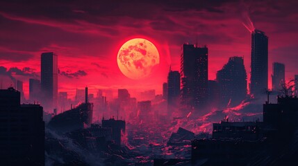 Apocalyptic Cityscape with Crimson Sky and a Menacing Full Moon
