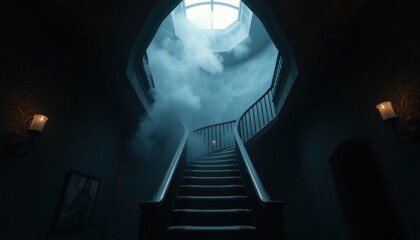 Mansion Staircase with Smoke, Dark Interiors, and Glowing Skylight