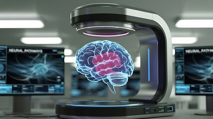 Brain scanning device with a digital brain in holographic projection, modern tech lab.