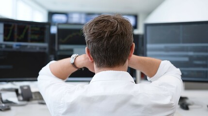 Man in white shirt facing multiple computer screens in an office.
