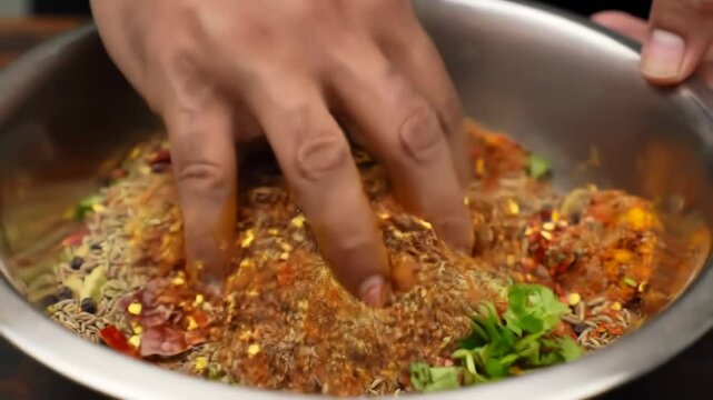 Hands mixing aromatic Indian spices in a bowl, vibrant colors and textures.
