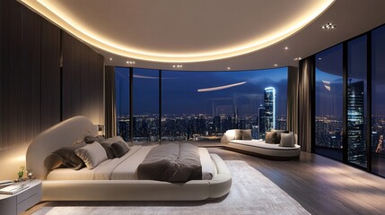 Luxury Penthouse Bedroom with Panoramic City Nightscape