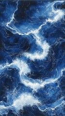 Fototapeta premium Abstract blue wave pattern with white foam texture.