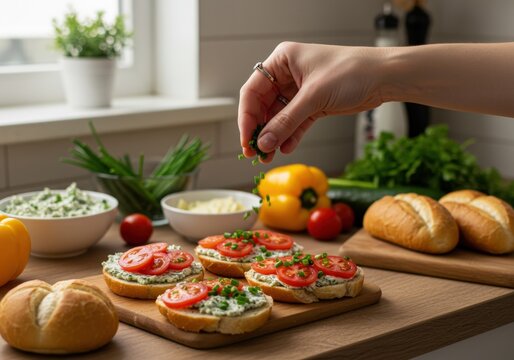 A hand sprinkles fresh chives onto tomato and cheese sandwiches for a tasty meal.