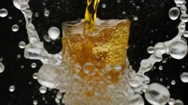 Super slow motion in a glass with ice cubes pours cola. Filmed at 1000 fps.On a black background.