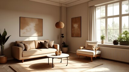 Fototapeta premium A cozy, modern living room with beige furniture, large windows, indoor plants, and warm natural light.