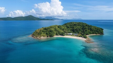 Secluded Tropical Island Paradise: Aerial View of Pristine Beach and Lush Foliage