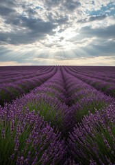 Fototapeta premium Lavender Field Serenity: Sunlit Rows and Dramatic Sky