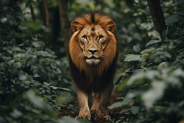 Majestic Lion Walking Through Lush Green Forest Jungle Wildlife Photography