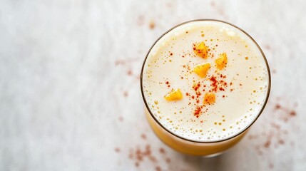 A glass of creamy, pale yellow liquid topped with orange zest and a sprinkle of red spice sits on a white surface