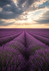 Fototapeta premium Lavender Field Sunset: Serene Purple Rows at Golden Hour