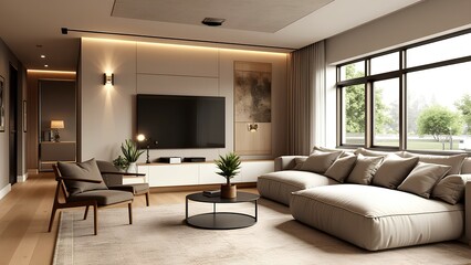 Modern living room with cozy sofa, armchairs, large windows, TV, and stylish decor in neutral tones.