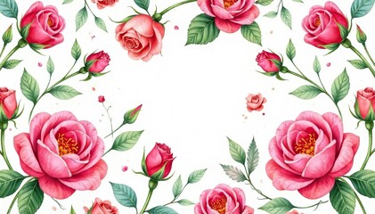 Naklejka premium Intricate watercolor rose buds & leaves, repeating pattern, print, garden pattern, background