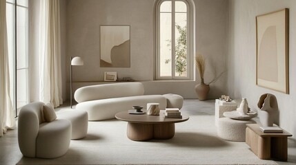 Sophisticated living room interior with neutral tones and minimalist design elements