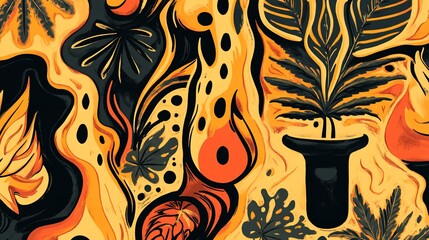 Abstract Tropical Botanical Illustration in Warm Tones