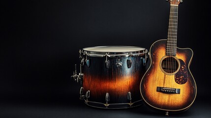 Acoustic guitar leaning on a drum, perfect for musical compositions