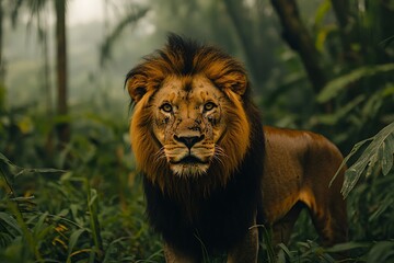 Majestic Lion in Lush Green Jungle Habitat Wildlife Photography