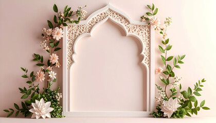 White Islamic Frame with Floral Vine Pattern on Light Pink Background Frame Features a Floral Vine Design