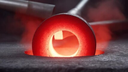 Red-hot Metal Ring in Furnace: Glowing ring of metal being heated in a furnace, showcasing the intense heat and the process of metalworking. - Powered by Adobe