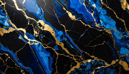 Abstract dark marble surface featuring rich blue veins and organic fossil patterns.