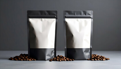 Realistic coffee pouch packaging mockup with blank label for branding and product design presentations.