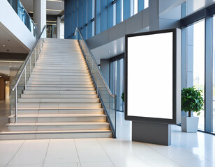 Clean vertical billboard template placed near steps of a sleek, modern building, perfect for promotional content.