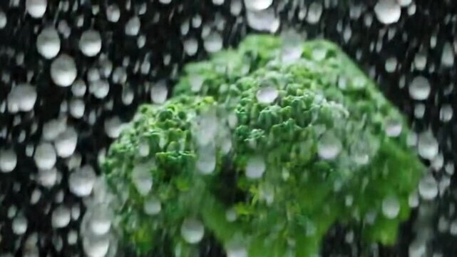 Super slow motion on broccoli drop water droplets. Filmed at 1000 fps.On a black background.