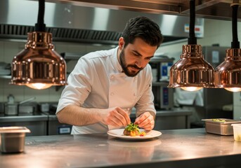 A skilled chef carefully garnishes a plate with precision and culinary expertise in a restaurant kitchen.