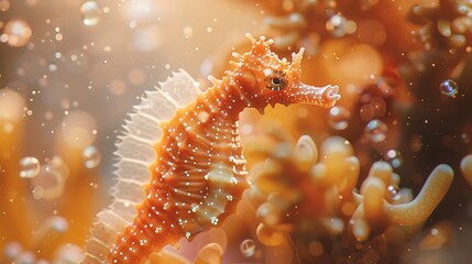 Detailed close-up of a delicate orange seahorse, with focus on texture and glowing light details