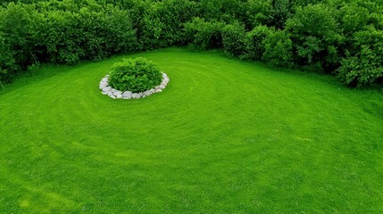 Lush green lawn with small shrubbery encircled by stones, surrounded by vibrant green bushes. The scene is brightly lit, showcasing the texture and vibrancy of the grass. 