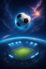 Soccer ball floats above lit stadium in cosmic scene