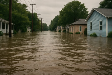 Fototapeta premium Flooded street with submerged houses and trees under cloudy sky