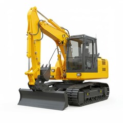 Fototapeta premium Yellow excavator isolated on white background for construction, digging, and landscaping uses.