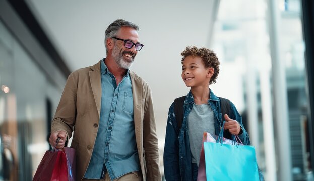 Smiling grandfather and grandson shopping together in a mall.