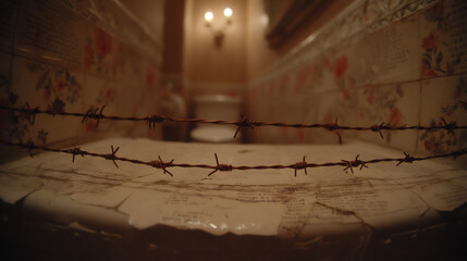 close-up photograph showing a bent wire coat hanger being used to dislodge an obstruction in a toile