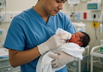 An attentive nurse feeds a newborn baby in the hospital setting, showing genuine care and love.