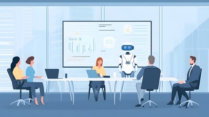 Meeting with a robotic assistant in a modern office.