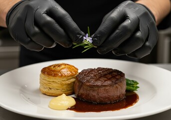 A chef places garnish on a perfectly cooked steak served with savory sides on a white plate.