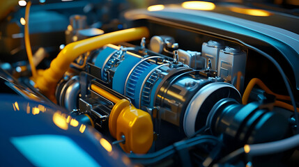 Fototapeta premium Detailed Close Up of a Car Engine with Blue and Yellow Components