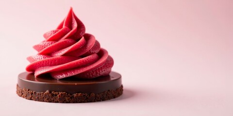 A delectable chocolate tart topped with a vibrant swirl of pink cream, a delightful confection perfect for an elegant celebration or a sweet indulgence