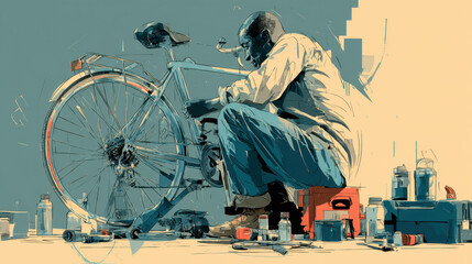 Man Repairing a Vintage Bicycle A Detailed Illustration