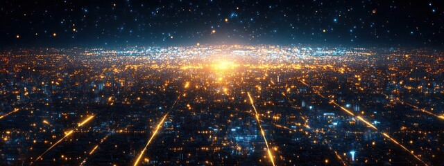 Vibrant cityscape with digital network overlay, futuristic and dynamic.