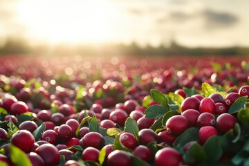 A field of red cranberries and green leaves with a bright, blurred horizon. For advertising healthy food, farm products, or seasonal celebrations.