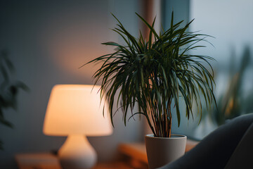 Indoor plant beside softly glowing therapy lamp in a calm minimalist space symbolizing healing light and seasonal emotional wellness
