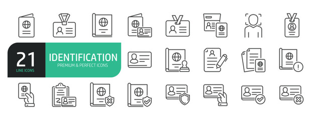 Set of line icons related to Identification, Verification, Passport, Identity.