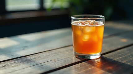 Refreshing Iced Beverage in a Glass on Rustic Wooden Surface