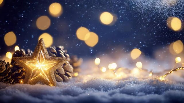 A Christmas background with golden stars and pine cones, glowing lights in the snow, and copy space for text